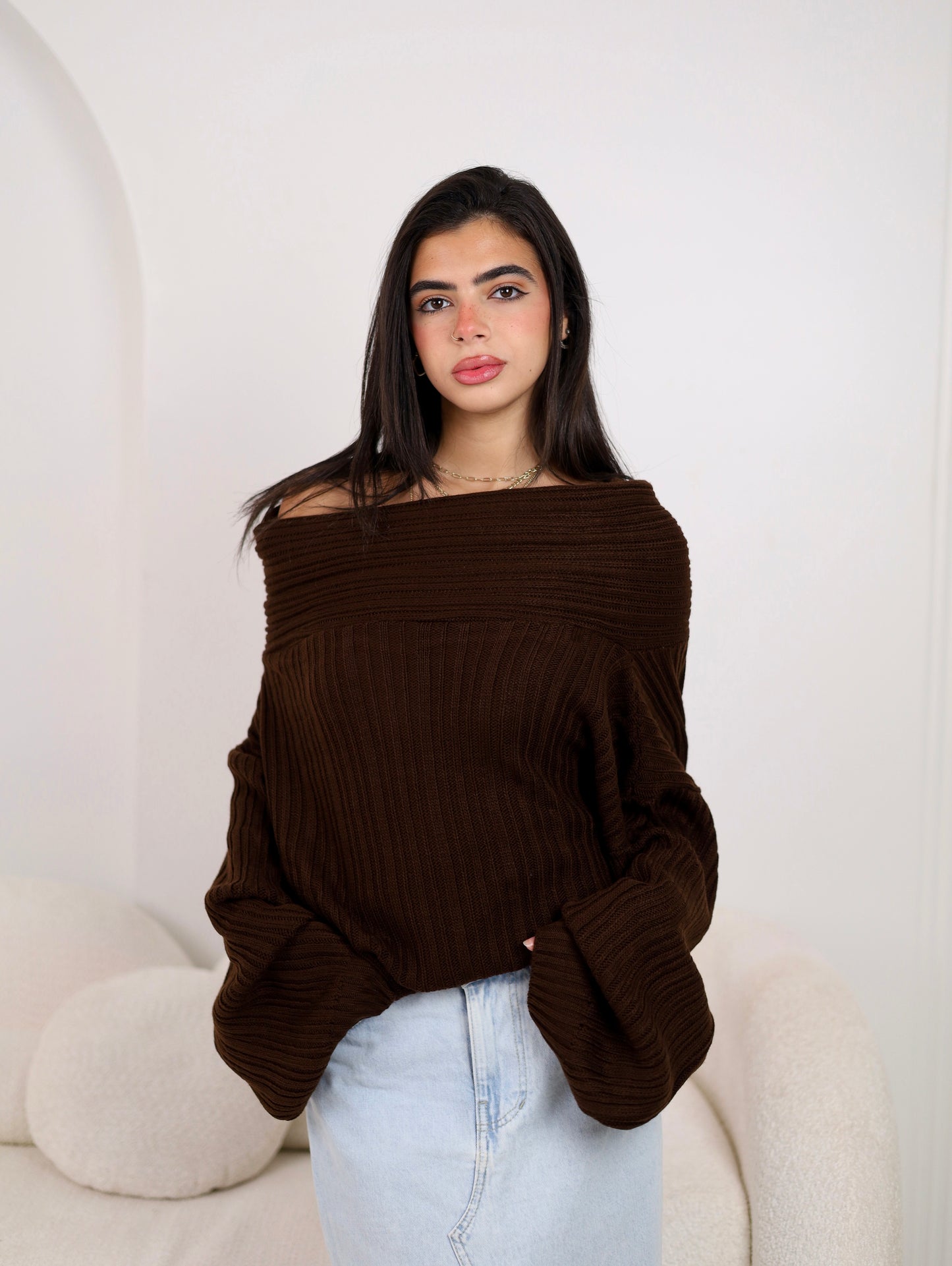 Off-Shoulder Knit - Brown