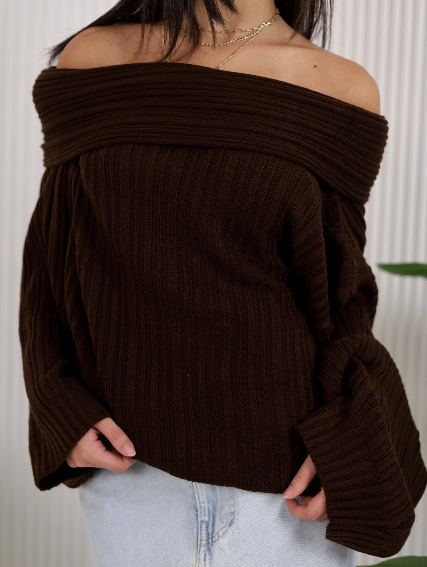 Off-Shoulder Knit - Brown
