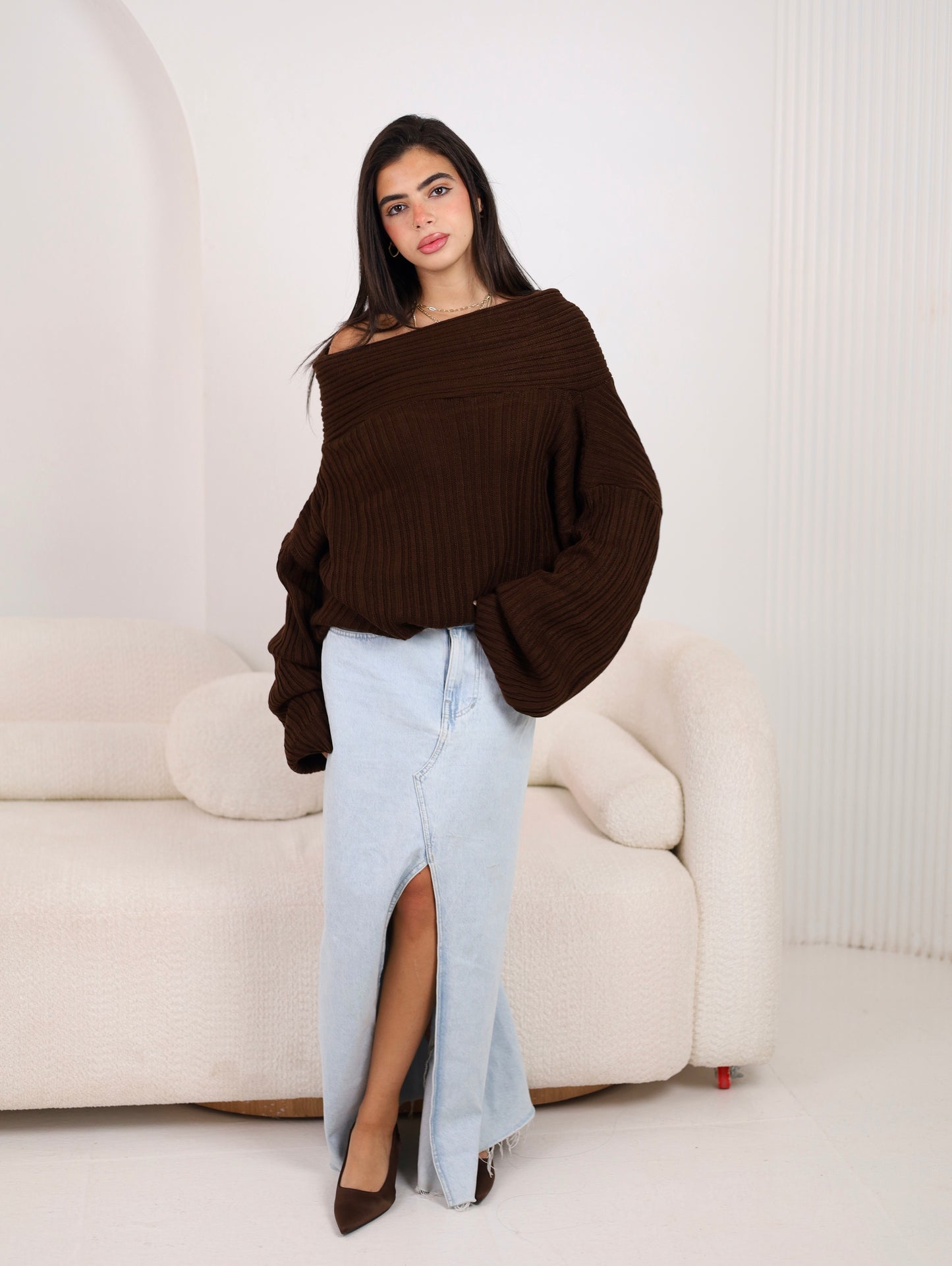 Off-Shoulder Knit - Brown